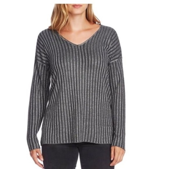 Vince Camuto Metallic Stripe V-Neck Sweater - Picture 1 of 5
